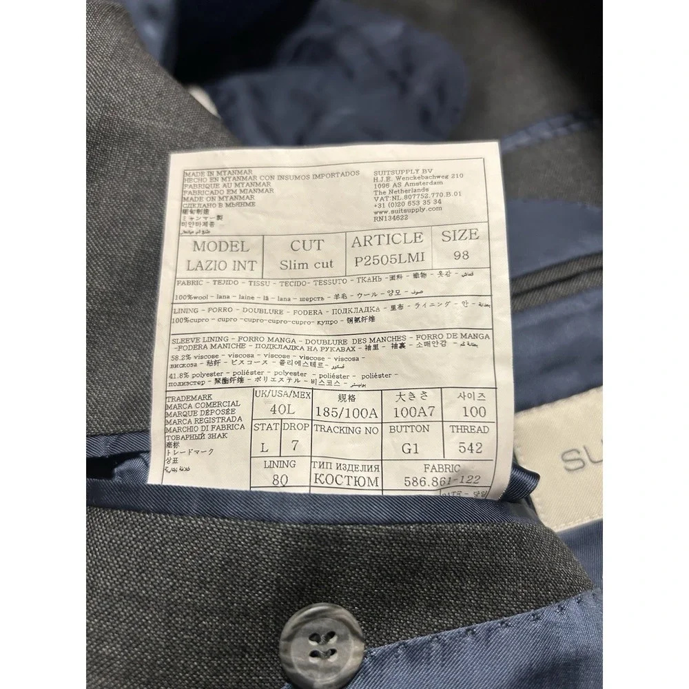 SuitSupply Lazio Blazer Jacket Wool Mens 40L Slim Gray Vitale Barbaris Canonico